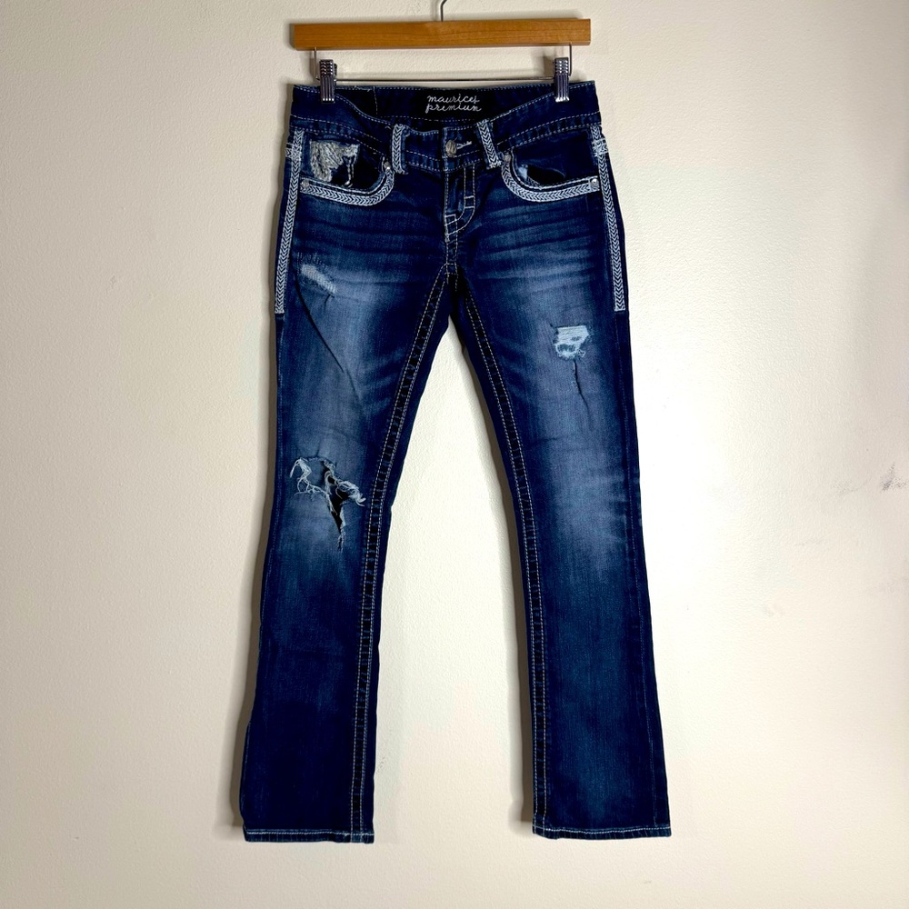 Maurice’s premium ladies Dark Blue thick stitching Distressed Women Jeans Sz 28‎